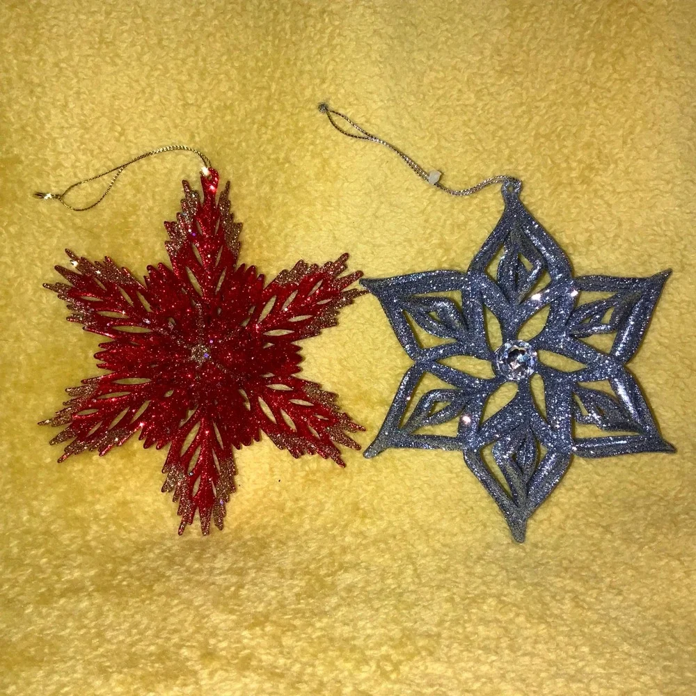 Glitter Snowflake Christmas Ornaments Set of 2 Red Silver Holiday‎ Decor